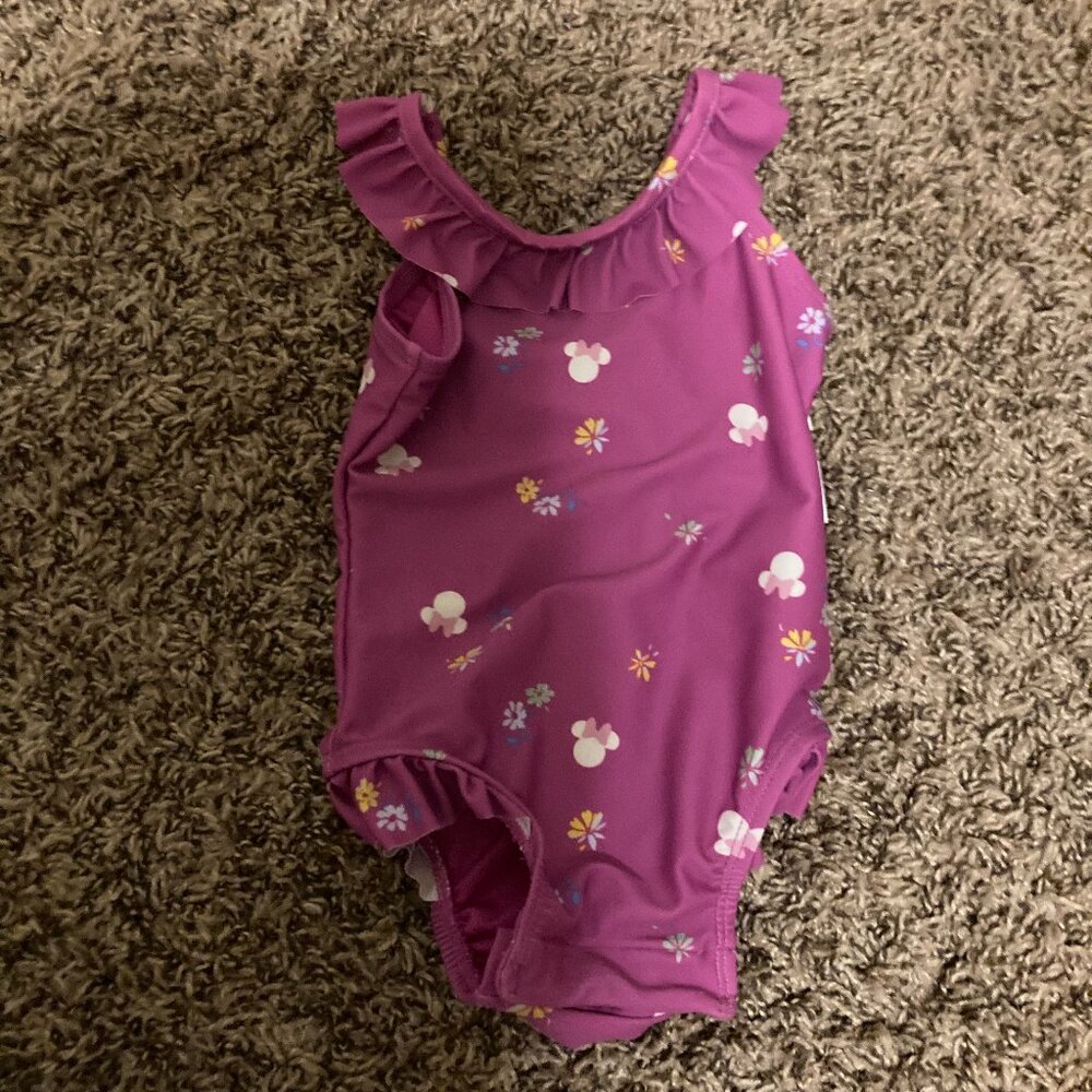 Disney X Baby Gap Minnie Mouse Swimsuit 6-12 Months Dark Pink Ruffle Floral